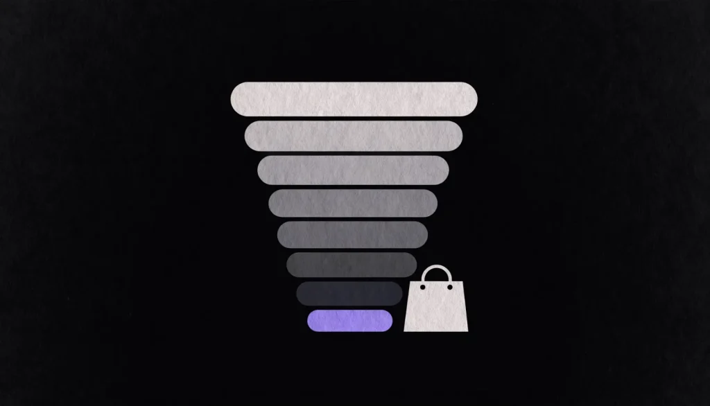Flat illustration of checkout form fields narrowing to one button beside a shopping bag