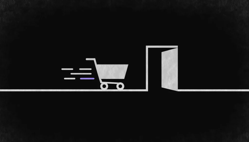 A shopping cart moving quickly along a track toward an open door