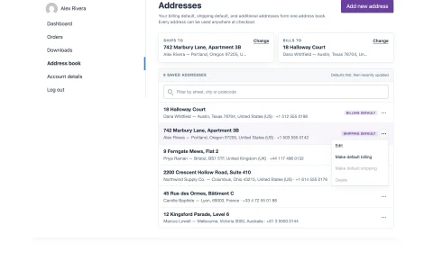 The address book: Billing default, shipping default and every other address in one list, each with edit, make-default and delete.