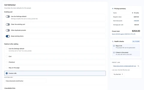Cart behaviour, per preset: Override the store defaults for the cart a link finds and where it lands.