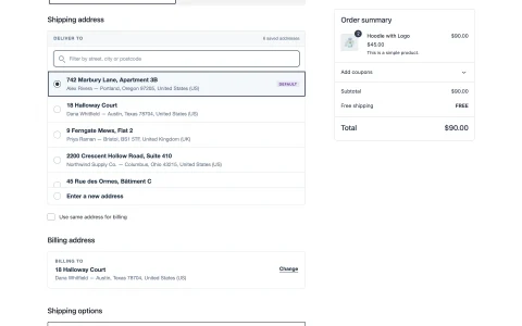 The checkout picker: Saved addresses as a picker above the address fields, with a filter once the list grows.