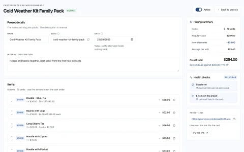 The preset editor: Items on the left; the pricing summary, health checks and live link on the right.