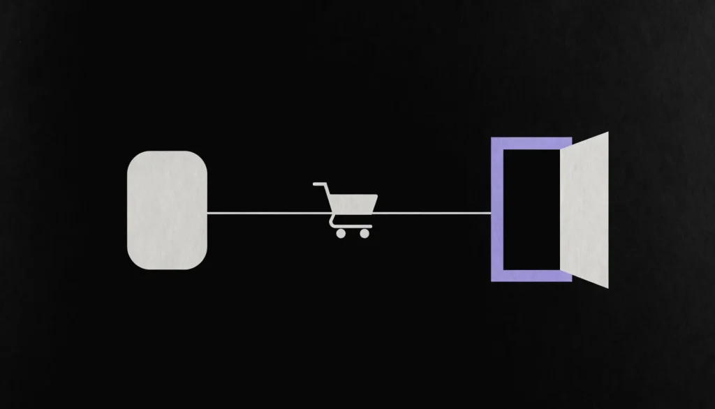 Flat illustration of a link going from a product straight to the checkout door