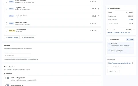 Store and custom items: Reorder lines, mix catalogue products with a custom fee, attach a coupon.