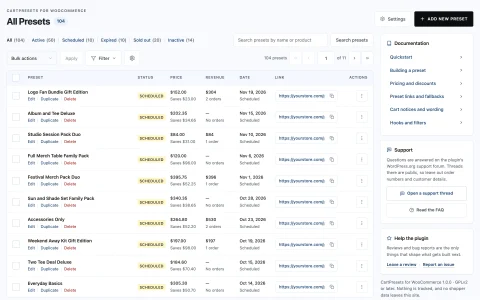 All presets: Search, filter by status, bulk-edit, copy any link and see what each preset earned.