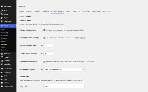 Store settings: WooCommerce → Settings → Accounts & Privacy → Unwan. Every limit and label is configurable.